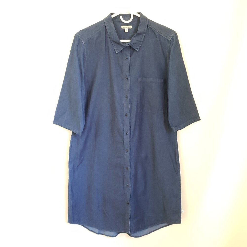 Calvin Klein Dark Denim Jean Shirt Dress Button Up Knee Length Blue L Large
